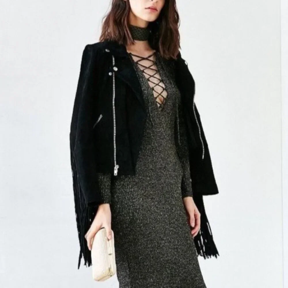 Bardot Romeo Lace Up Dress in Black Gold Metallic Midi Long Sleeve Size Small - Picture 3 of 9